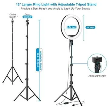 12" Selfie Ring Light with 63" Adjustable Tripod Stand and Phone Holder, LED Dimmable Ringlight with Remote, for Live Stream/Photography/Makeup/YouTube Video, Compatible with Cell Phones, Cameras