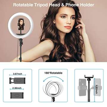 12" Selfie Ring Light with 63" Adjustable Tripod Stand and Phone Holder, LED Dimmable Ringlight with Remote, for Live Stream/Photography/Makeup/YouTube Video, Compatible with Cell Phones, Cameras