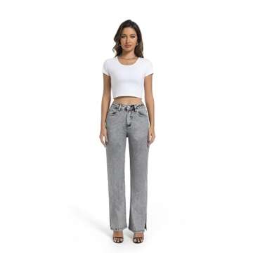 Guaile Womens Jeans High Waisted Stretchy Straight Leg Jeans Split Hem Jeans for Women Trendy Classi...
