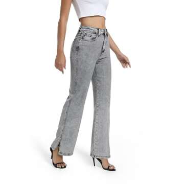 Guaile Womens Jeans High Waisted Stretchy Straight Leg Jeans Split Hem Jeans for Women Trendy Classic Denim Jeans Grey