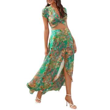 Floerns Women's 2 Piece Boho Twist Front Top and High Split Maxi Skirt Set Aqua Green M