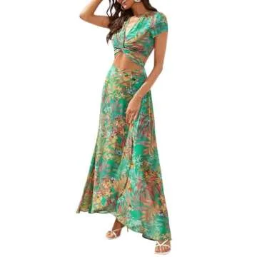 Floerns Women's 2 Piece Boho Twist Front Top and High Split Maxi Skirt Set Aqua Green M