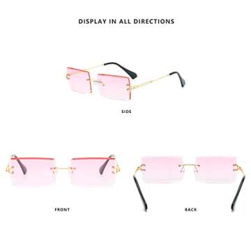 LASPOR Retro Rimless Rectangle Sunglasses for Women Men Tinted Lens Gold Metal Frameless Vintage Square Glasses UV400 Protection Pink