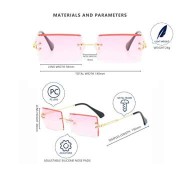 LASPOR Retro Rimless Rectangle Sunglasses for Women Men Tinted Lens Gold Metal Frameless Vintage Square Glasses UV400 Protection Pink