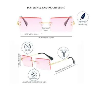 LASPOR Retro Rimless Rectangle Sunglasses for Women Men Tinted Lens Gold Metal Frameless Vintage Square Glasses UV400 Protection Pink