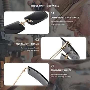 LASPOR Retro Rimless Rectangle Sunglasses for Women Men Tinted Lens Gold Metal Frameless Vintage Square Glasses UV400 Protection Pink