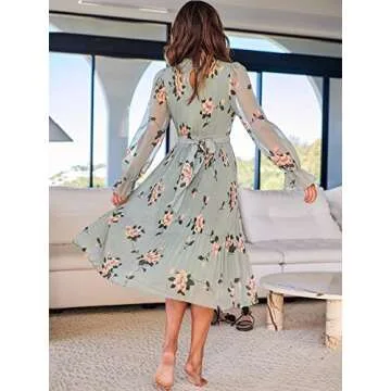 ANRABESS Women's Floral Midi Dress Puff Long Sleeve Casual Ruffle Chiffon A-Line Swing Pleated Belted Tea Party Dresses Floral Green X-Large