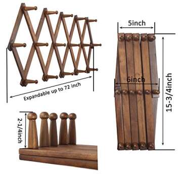WEBI Accordion Wall Hanger, Expandable Wooden Coat Rack Wall Mounted, Hat Rack with 16 Peg Hooks in ...
