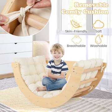 HONEY JOY Wooden Arch Climber with Cushion, Montessori Arch Table for Kids, Baby Rocker Ladder Play Gym Playground, Toddler Climbing Toys Indoor, Learning Gift for Kids Aged 1+ (Beige)