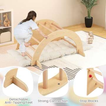 HONEY JOY Wooden Arch Climber with Cushion, Montessori Arch Table for Kids, Baby Rocker Ladder Play Gym Playground, Toddler Climbing Toys Indoor, Learning Gift for Kids Aged 1+ (Beige)