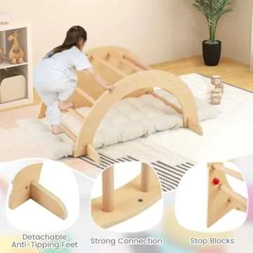 HONEY JOY Wooden Arch Climber with Cushion, Montessori Arch Table for Kids, Baby Rocker Ladder Play Gym Playground, Toddler Climbing Toys Indoor, Learning Gift for Kids Aged 1+ (Beige)