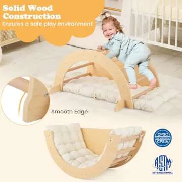 HONEY JOY Wooden Arch Climber with Cushion, Montessori Arch Table for Kids, Baby Rocker Ladder Play Gym Playground, Toddler Climbing Toys Indoor, Learning Gift for Kids Aged 1+ (Beige)