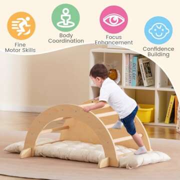 HONEY JOY Wooden Arch Climber with Cushion, Montessori Arch Table for Kids, Baby Rocker Ladder Play Gym Playground, Toddler Climbing Toys Indoor, Learning Gift for Kids Aged 1+ (Beige)