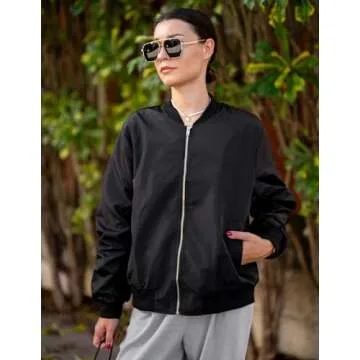ACEVOG Women Casual Bomber Jacket Zip Up Fashion Oversized Jackets Coat, Black, Medium