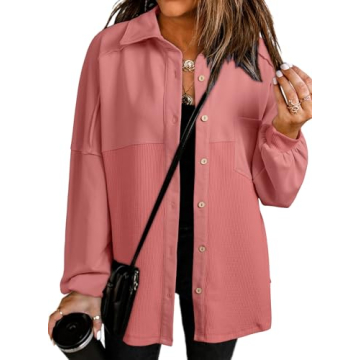 SHEWIN Women's Waffle Knit Shacket - Oversized Button-Down Top for Fall