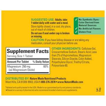 Nature Made Magnesium Oxide 250 mg, Magnesium Supplement for Muscle, Heart, Bone and Nerve Health Support, 200 Tablets, 200 Day Supply