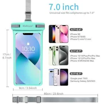 wellhouse Waterproof Phone Pouch, Waterproof Phone Case for iPhone 16 15 14 13 12 Pro Max XS Samsung, IPX8 3D Cellphone Dry Bag Beach Essentials (1 Pack - Crystal Green7.0, 7 inch)