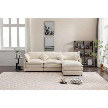 KEVINSPACE 101.18" L-Shaped Sectional Couches, Modular Sectional Sofas, Comfort L Sofa Couch for Living Room Sleeper Comfy Furniture Modern Couch Sofa with Chaise Ottoman Office Apartment Beige