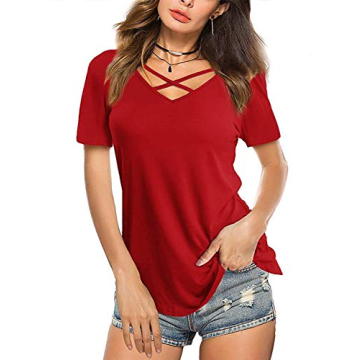 Amoretu Women's Summer V Neck Criss Cross Short Sleeve Tee T-Shirt in Red