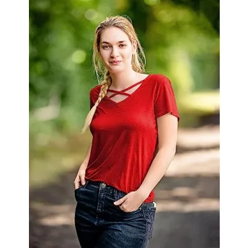 Amoretu Women's V Neck Criss Cross Short Sleeve Summer Tee
