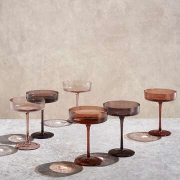 Khen Venus Glasses Luxury Glassware - Set of 6 - Everyday, Winter Gift Her, Mom, Wife, Girlfriend, Special Celebrations Drinkware, Textured Glass, Brown Style Amber Colored - Ribbed Coupe 7oz