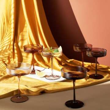 Khen Venus Glasses Luxury Glassware - Set of 6 - Everyday, Winter Gift Her, Mom, Wife, Girlfriend, Special Celebrations Drinkware, Textured Glass, Brown Style Amber Colored - Ribbed Coupe 7oz
