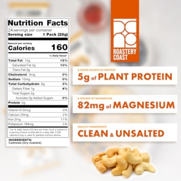 Roastery Coast Just Cashews Unsalted Snack Packs - 24 Individually Wrapped