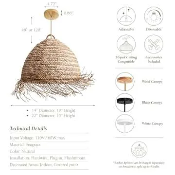 Rowabi Rattan Pendant Light - Bamboo Pendant Light, Boho Lamp, Rattan Furniture, Patio Pendant Light, Farmhouse, Bohemian Lampshade