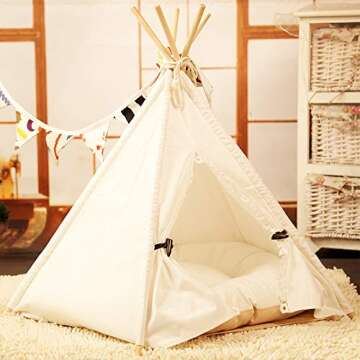 Norgail Pet Teepee Tent for Dogs Puppy Cat Bed Portable White Canvas Dog Cute House Indoor Outdoor Tent Small Medium Pet Teepee with Floor Mat 24inch