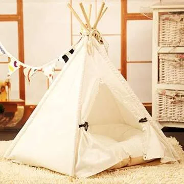 Norgail Pet Teepee Tent for Dogs Puppy Cat Bed Portable White Canvas Dog Cute House Indoor Outdoor Tent Small Medium Pet Teepee with Floor Mat 24inch