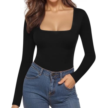 MANGOPOP Black Long Sleeve Square Neck Bodysuit for Women