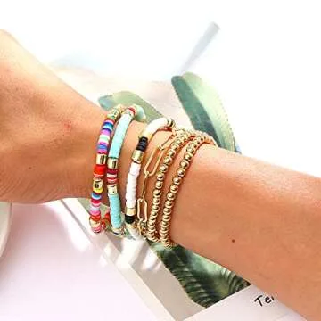 Bright Colorful Beaded Bracelet for Women Heishi Bracelets Set Gold Bead Stackable Stretch Strand Bracelet Bohemian Summer Bracelets Set (Rainbow gold)