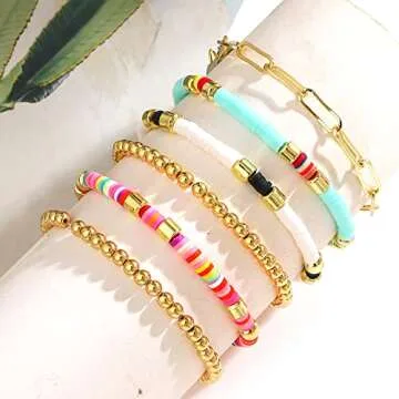 Bright Colorful Beaded Bracelet for Women Heishi Bracelets Set Gold Bead Stackable Stretch Strand Bracelet Bohemian Summer Bracelets Set (Rainbow gold)