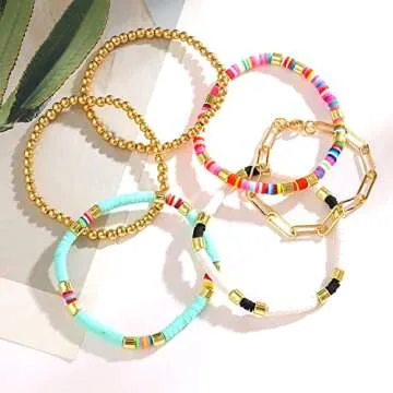 Bright Colorful Beaded Bracelet for Women Heishi Bracelets Set Gold Bead Stackable Stretch Strand Bracelet Bohemian Summer Bracelets Set (Rainbow gold)