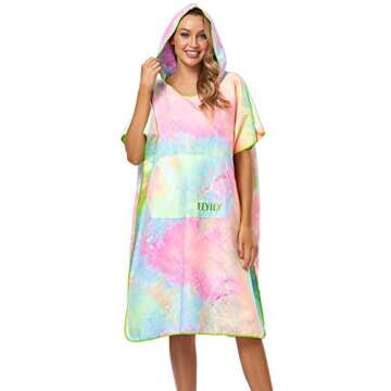 FLYILY Beach Changing Towel Surf Poncho Robe Hooded Wetsuit Adjustable Sleeves Surfing Swimming Bathing (TieDye01, Large - Fit for Men&Women)