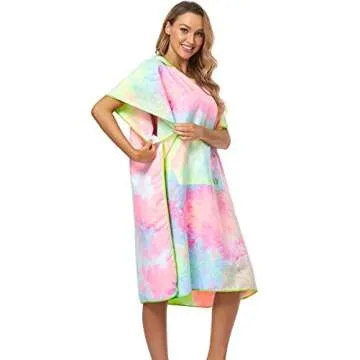 FLYILY Beach Changing Towel Surf Poncho Robe Hooded Wetsuit Adjustable Sleeves Surfing Swimming Bathing (TieDye01, Large - Fit for Men&Women)
