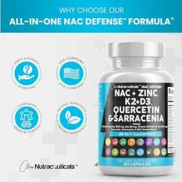 Clean Nutraceuticals NAC Supplement N-Acetyl Cysteine Vitamin D3 K2 Zinc Quercetin Sarracenia Purpurea with Elderberry Holy Basil Bee Propolis Bromelain L-Lysine - 60 Count