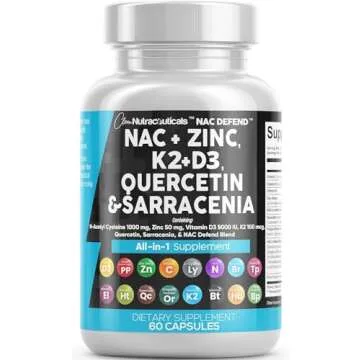 Clean Nutraceuticals NAC Supplement N-Acetyl Cysteine Vitamin D3 K2 Zinc Quercetin Sarracenia Purpurea with Elderberry Holy Basil Bee Propolis Bromelain L-Lysine - 60 Count