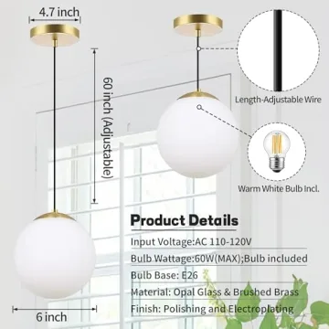 Elegant 6-inch Globe Pendant Light with Brass Finish