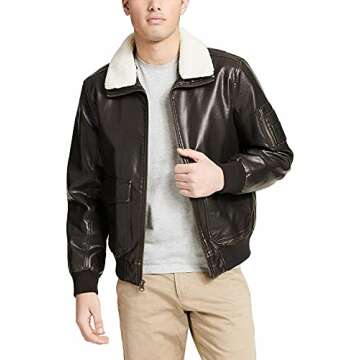 Dockers Men's Maverick Faux Leather Sherpa Collar Aviator Bomber Jacket (Standard & Big-Tall), dark brown, Small