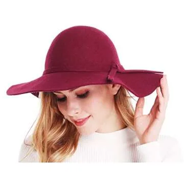 Bienvenu Women's Floppy Hat, Wide Brim Felt Wool Fedora Hat, Ribbon Band Dressy Party Hat, Burgundy