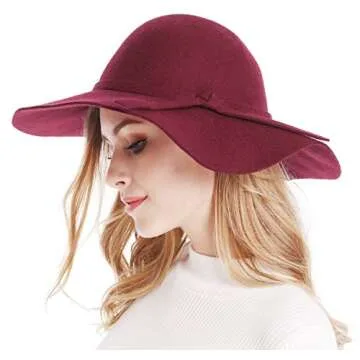 Bienvenu Women's Floppy Hat, Wide Brim Felt Wool Fedora Hat, Ribbon Band Dressy Party Hat, Burgundy