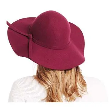 Bienvenu Women's Floppy Hat, Wide Brim Felt Wool Fedora Hat, Ribbon Band Dressy Party Hat, Burgundy