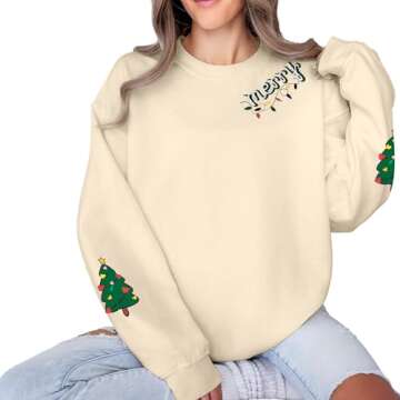 UNIQUEONE Christmas Sweatshirt Embroider Merry Sweater: Christmas Tree Graphic Pullover Holiday Vaca...