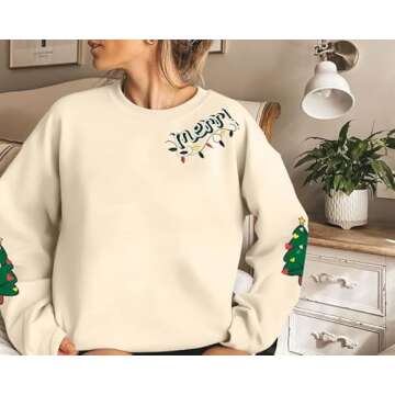 UNIQUEONE Christmas Sweatshirt Embroider Merry Sweater: Christmas Tree Graphic Pullover Holiday Vacation Tee Casual Xmas Tops Apricot