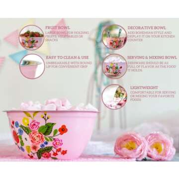 Large Hand Painted Stainless Steel Fruit Bowl - Decorative Floral Salad Mixing and Serving Bowl - Tr...