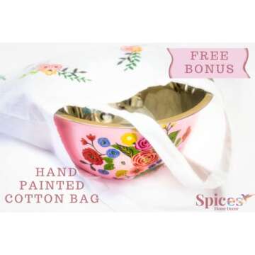 Large Hand Painted Stainless Steel Fruit Bowl - Decorative Floral Salad Mixing and Serving Bowl - Traditional Kashmiri Art for Home Decor (Pink).