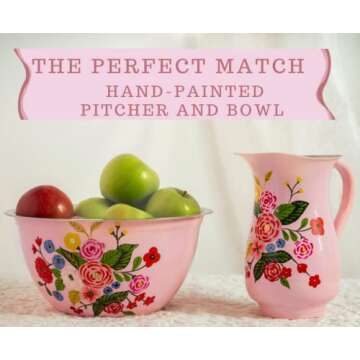 Large Hand Painted Stainless Steel Fruit Bowl - Decorative Floral Salad Mixing and Serving Bowl - Traditional Kashmiri Art for Home Decor (Pink).