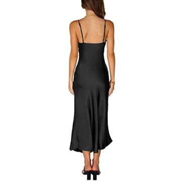 Satin Silk Slip Maxi Dress for Wedding Guest Women- Cowl Neck Pleated Bust Split Wedding Guest Cocktail Midi Dresses Black