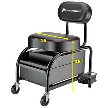 Powerbuilt Professional Car Detailers Mechanics Roller Seat, Heavy Duty Garage Stool with Thick Padded Seat and Backrest, 2 Sliding Storage Drawers, Tool Tray, Can Holders, 3in. Swivel Casters–240299